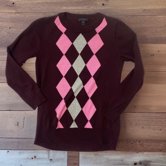 J. Crew Sweaters - J.Crew Women's Size Small Maroon Pink Gray Argyle Sweater 100% Merino Wool